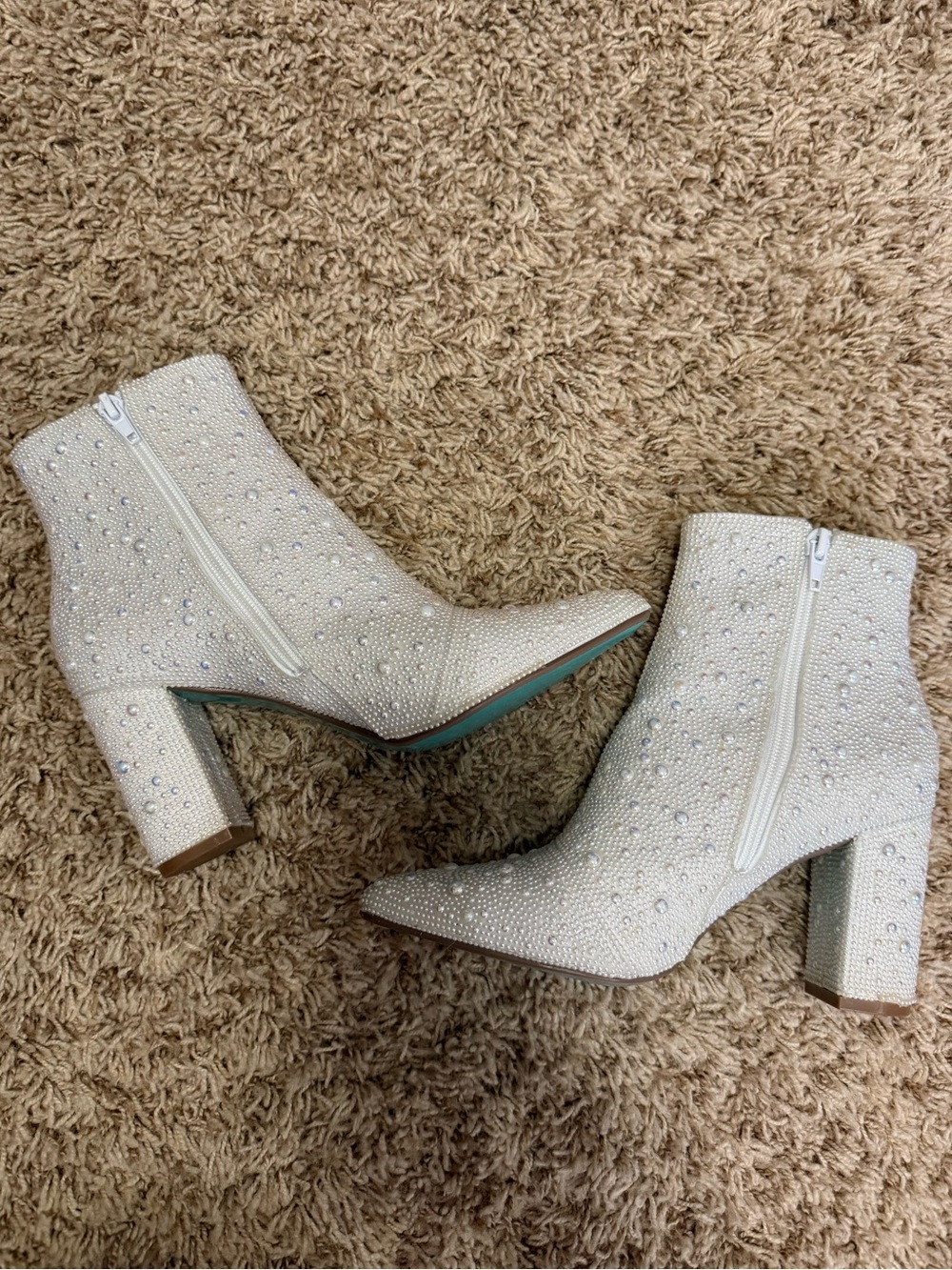 Betsey Johnson White Pearl Embellished Ankle Boots